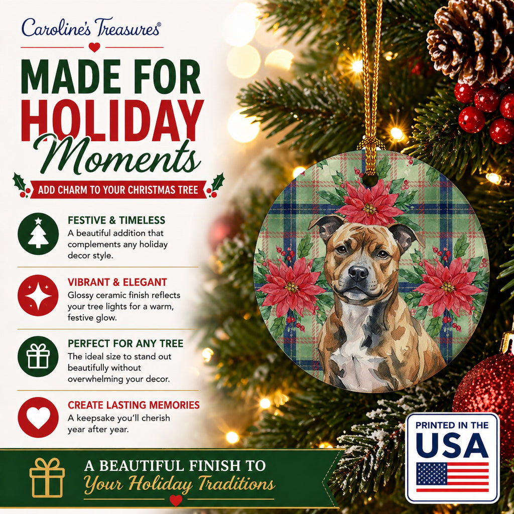 Brindle Staffordshire Bull Terrier Christmas PoinsettIas Ceramic Ornament Christmas Tree Hanging Decorations for Home Christmas Holiday, Party, Gift, 3 in, Multicolor