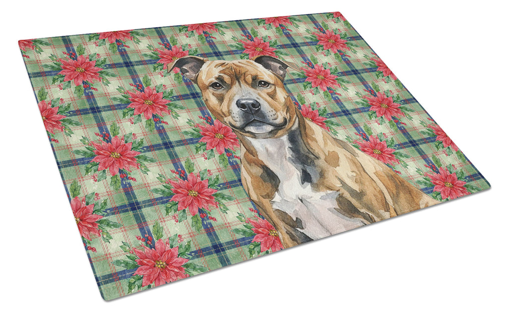 Brindle Staffordshire Bull Terrier Christmas PoinsettIas Cutting Board Tempered Glass Kitchen Cutting Surface, Heat Resistant Chopping, Non-Slip Feet, Food Prep & Serving