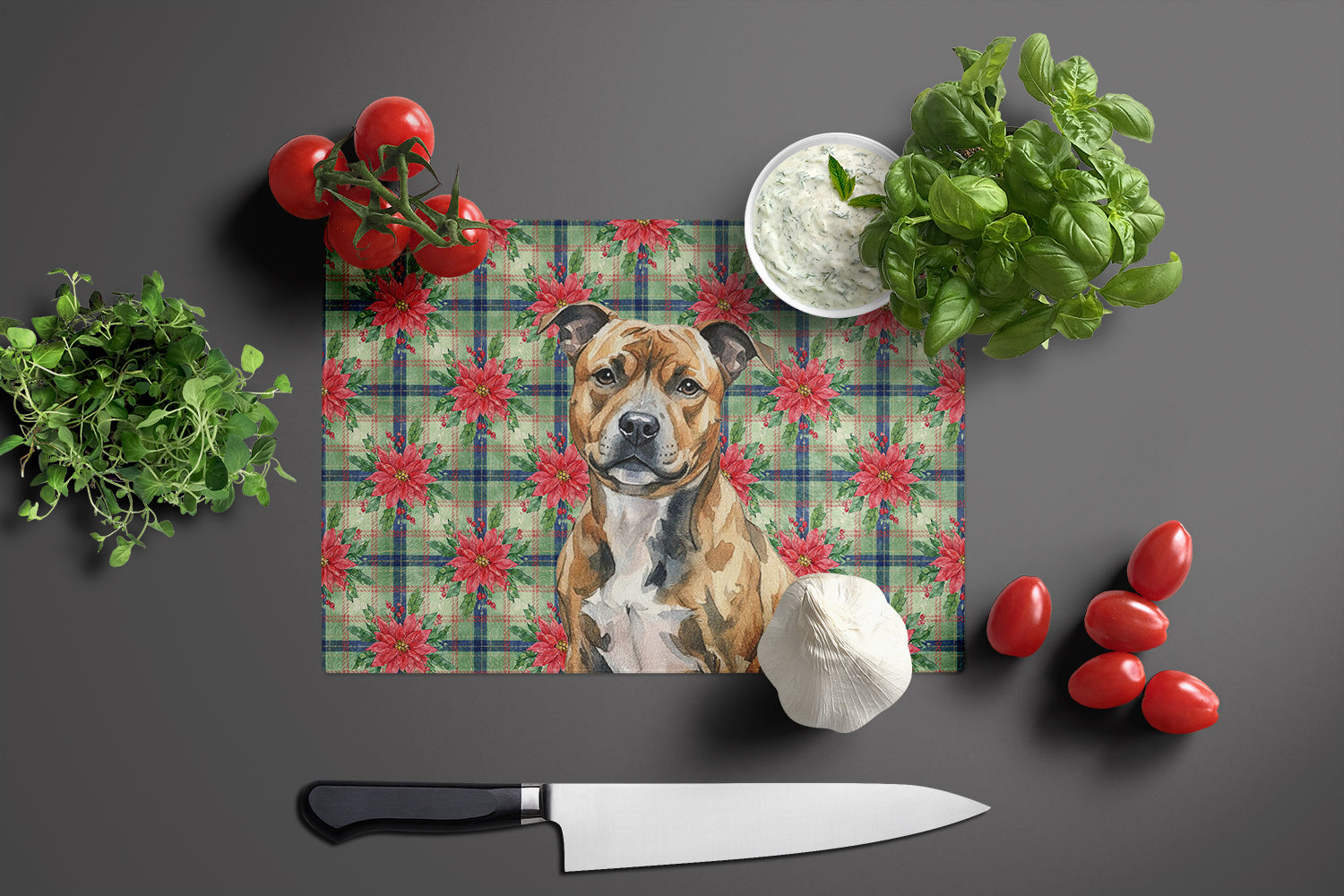 Brindle Staffordshire Bull Terrier Christmas PoinsettIas Cutting Board Tempered Glass Kitchen Cutting Surface, Heat Resistant Chopping, Non-Slip Feet, Food Prep & Serving