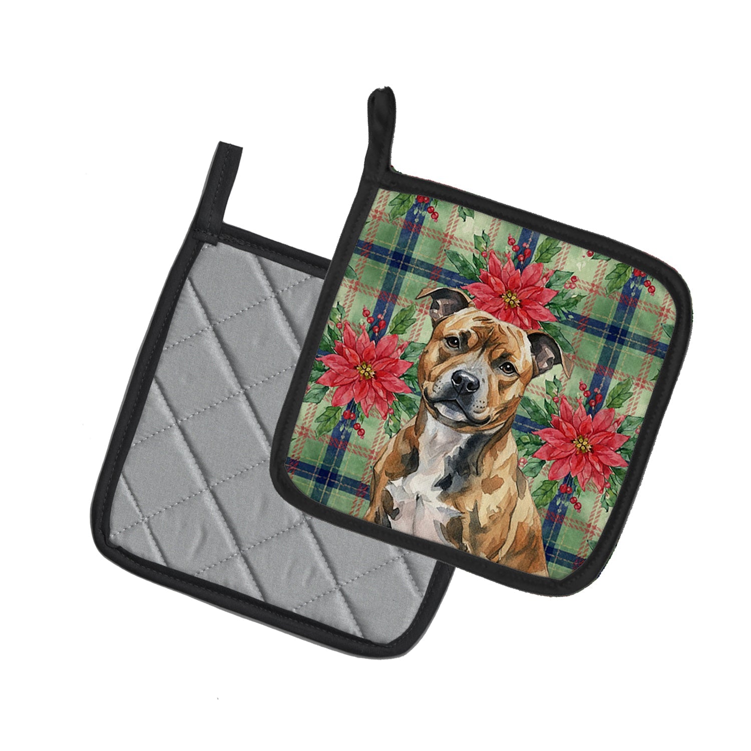 Brindle Staffordshire Bull Terrier Christmas PoinsettIas Pot Holder Set of 2 Heat Resistant Quilted Hot Pads 7.5 x 7.5 Inch, Insulated Kitchen Trivets for Cooking & Baking