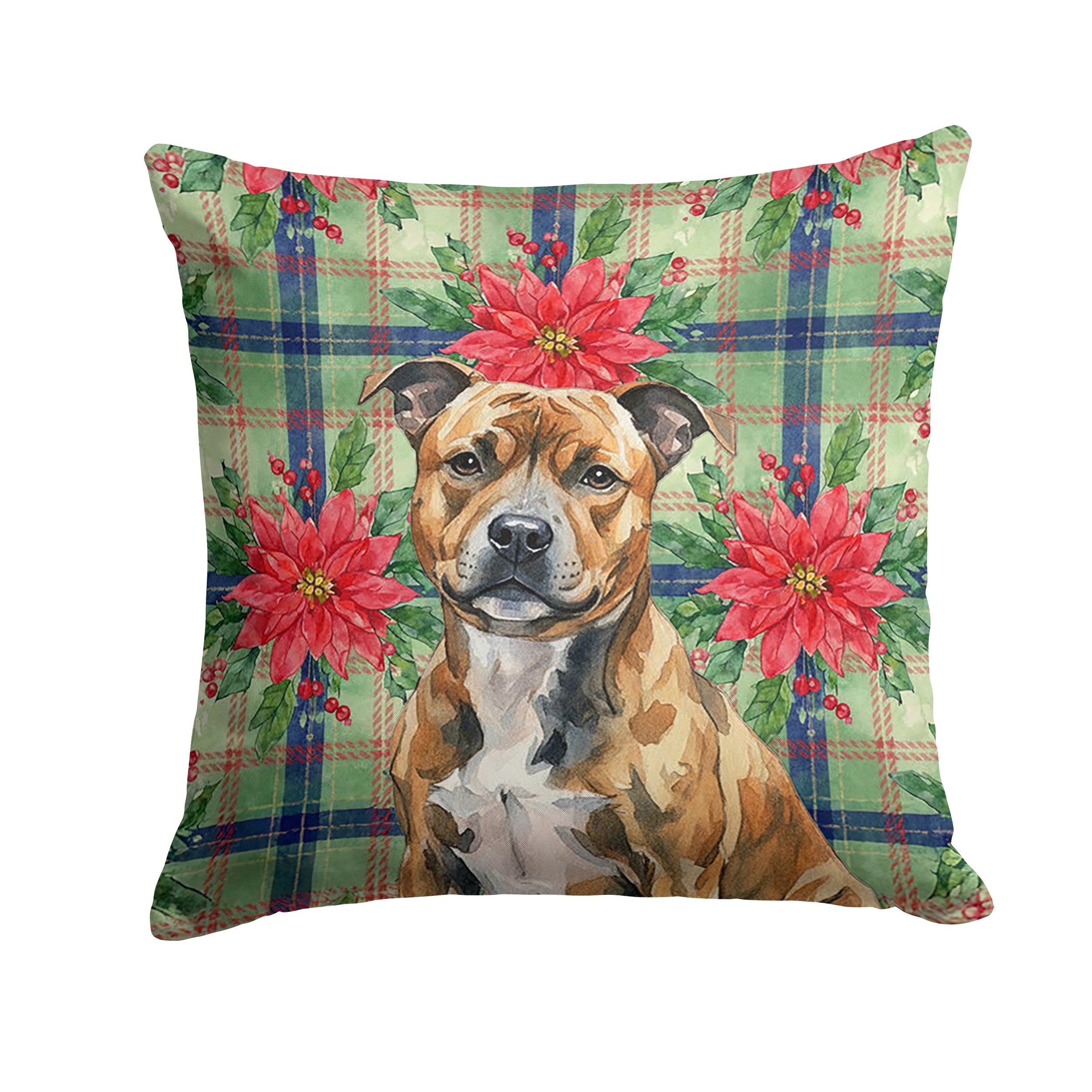 Brindle Staffordshire Bull Terrier Christmas PoinsettIas Decorative Throw Pillow 14x14 Indoor Outdoor Accent Cushion, Fabric Cover with Insert for Sofa, Bed, Porch & Living Room
