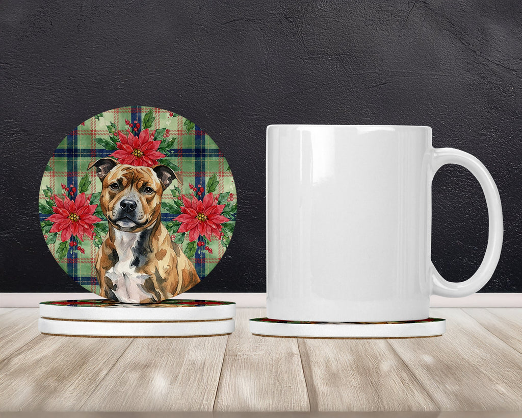 Brindle Staffordshire Bull Terrier Christmas PoinsettIas Large Sandstone Coasters Pack of 4 Absorbent Round Coasters Decor Gifts for Men or Women, 4 in, Multicolor