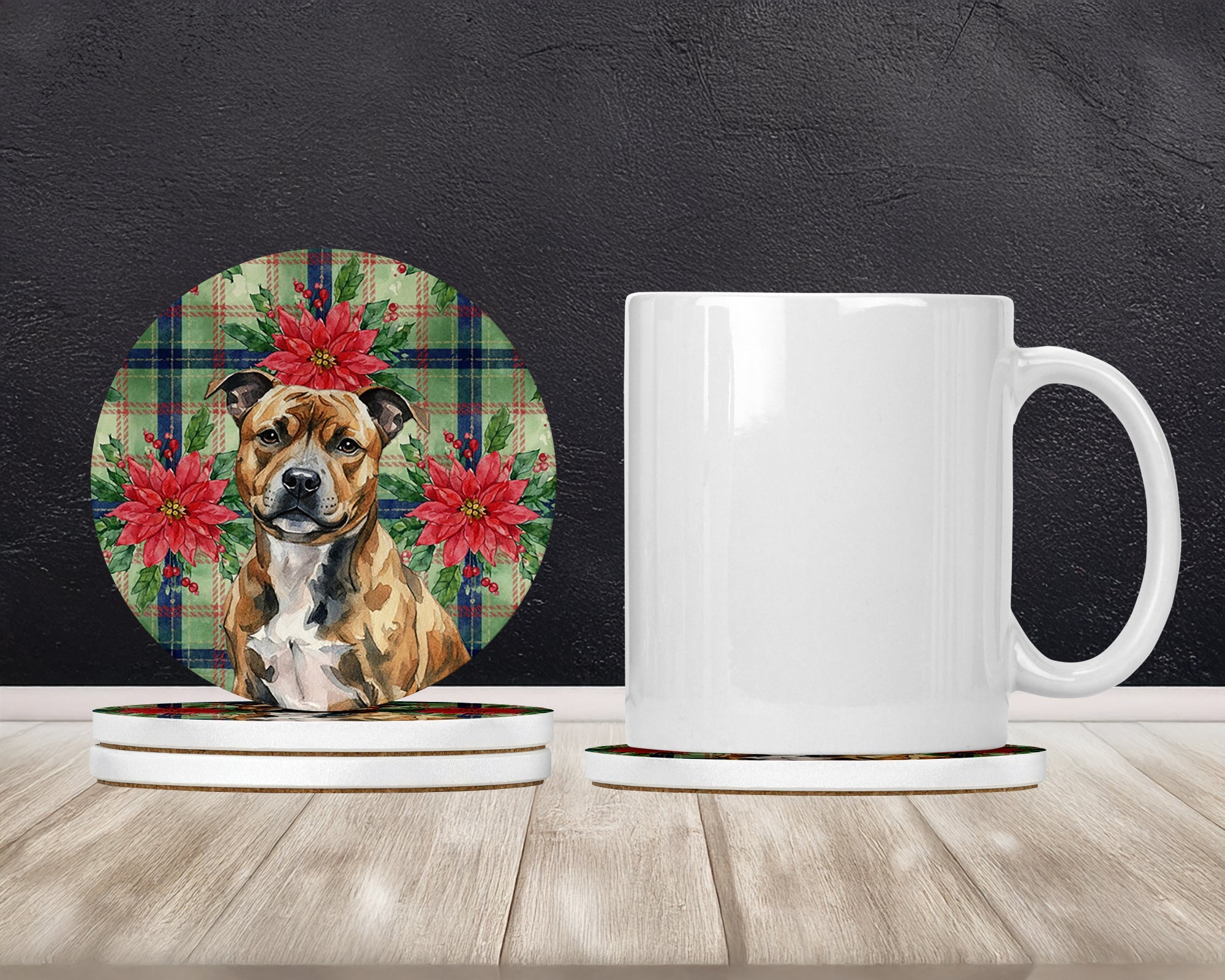 Brindle Staffordshire Bull Terrier Christmas PoinsettIas Large Sandstone Coasters Pack of 4 Absorbent Round Coasters Decor Gifts for Men or Women, 4 in, Multicolor