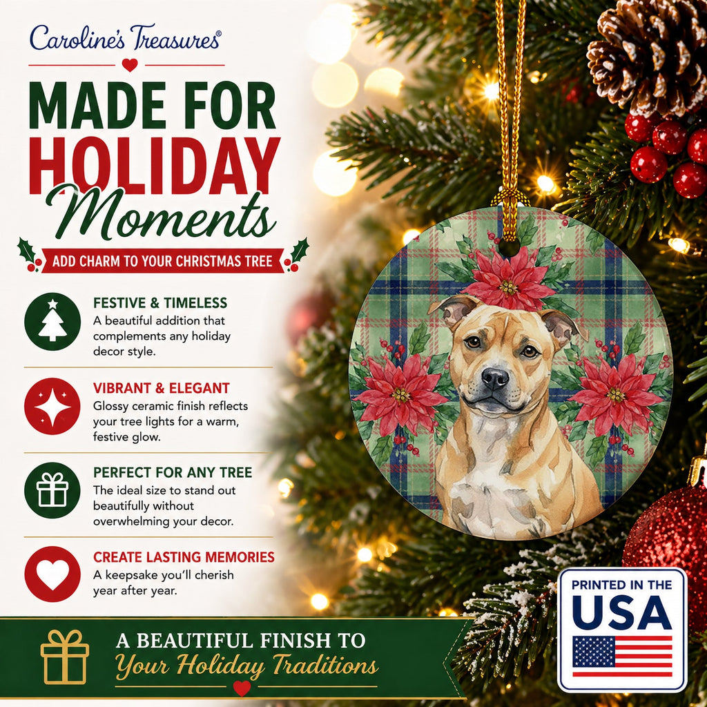 Fawn Staffordshire Bull Terrier Christmas PoinsettIas Ceramic Ornament Christmas Tree Hanging Decorations for Home Christmas Holiday, Party, Gift, 3 in, Multicolor