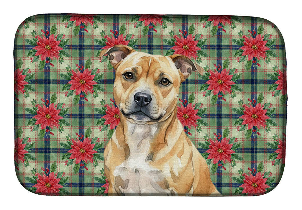 Fawn Staffordshire Bull Terrier Christmas PoinsettIas Dish Drying Mat Absorbent Dish Drying Mat Pad for Kitchen Counter Dish Drainer Mat for Countertop, 14 x 21", Multicolor