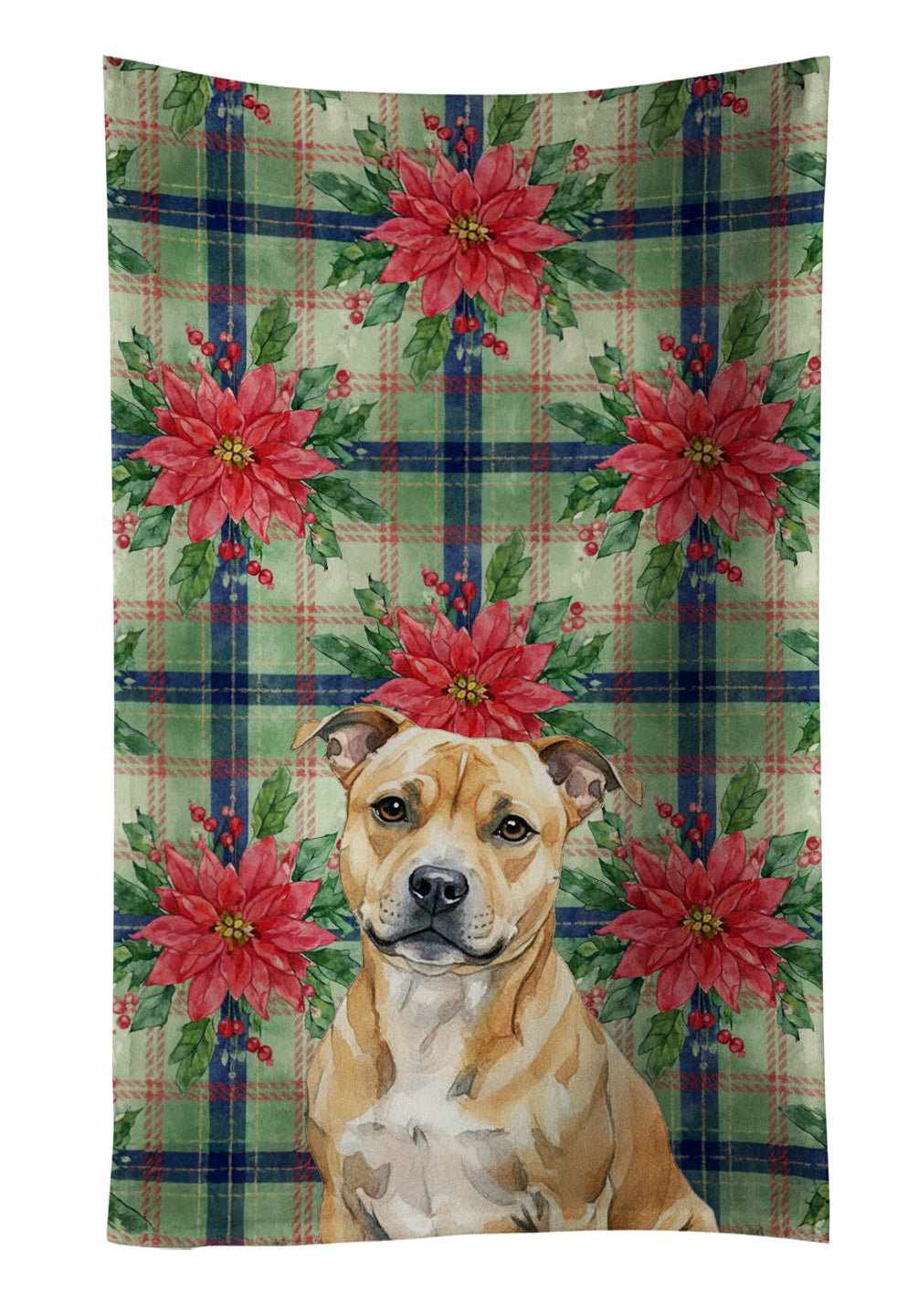 Fawn Staffordshire Bull Terrier Christmas PoinsettIas Kitchen Towel Velour Plush Front and Cotton Loop Back Machine Washable