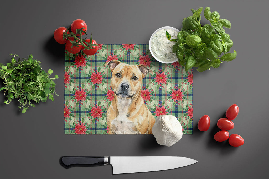 Fawn Staffordshire Bull Terrier Christmas PoinsettIas Cutting Board Tempered Glass Kitchen Cutting Surface, Heat Resistant Chopping, Non-Slip Feet, Food Prep & Serving
