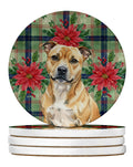 Fawn Staffordshire Bull Terrier Christmas PoinsettIas Large Sandstone Coasters Pack of 4 Absorbent Round Coasters Decor Gifts for Men or Women, 4 in, Multicolor