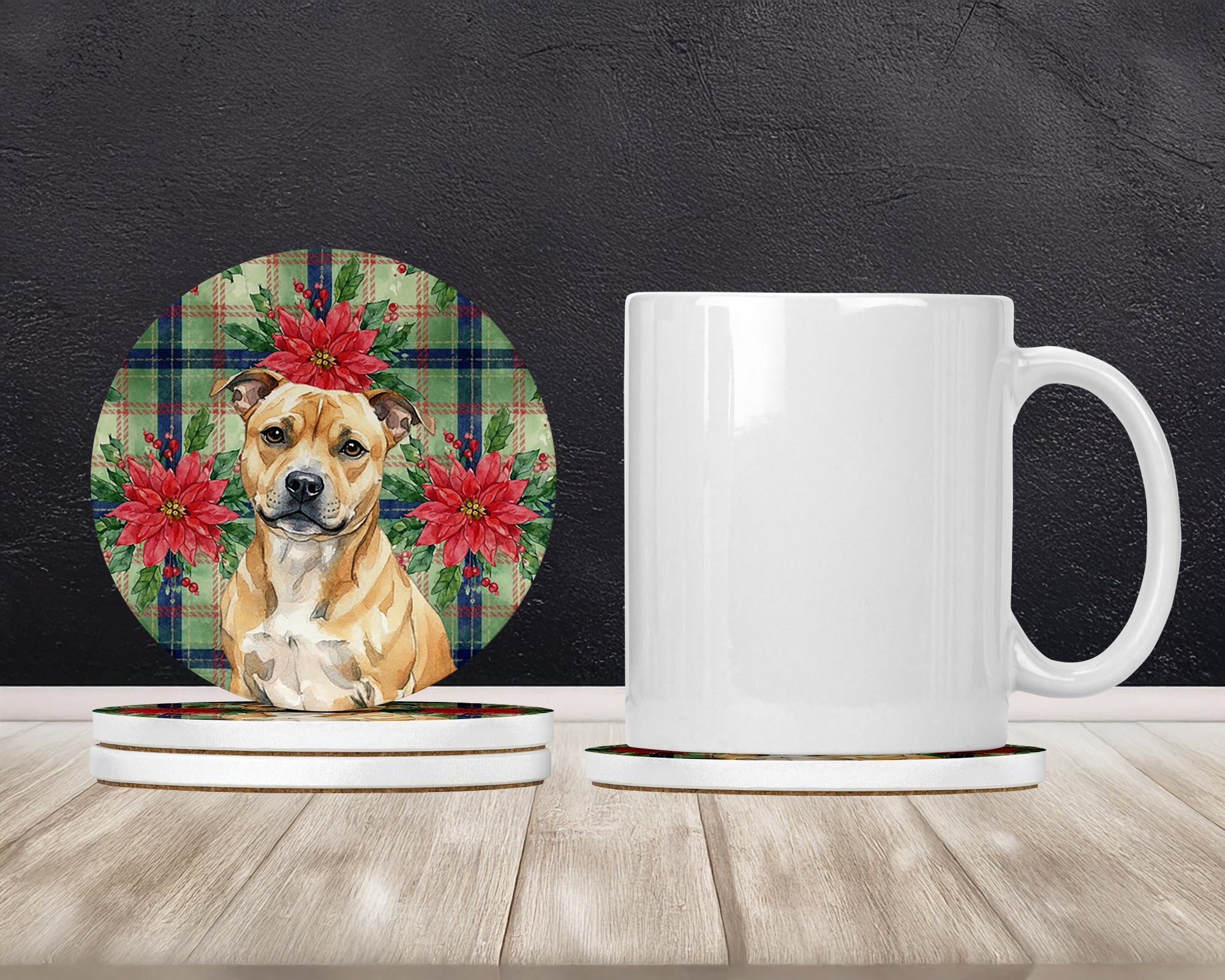 Fawn Staffordshire Bull Terrier Christmas PoinsettIas Large Sandstone Coasters Pack of 4 Absorbent Round Coasters Decor Gifts for Men or Women, 4 in, Multicolor