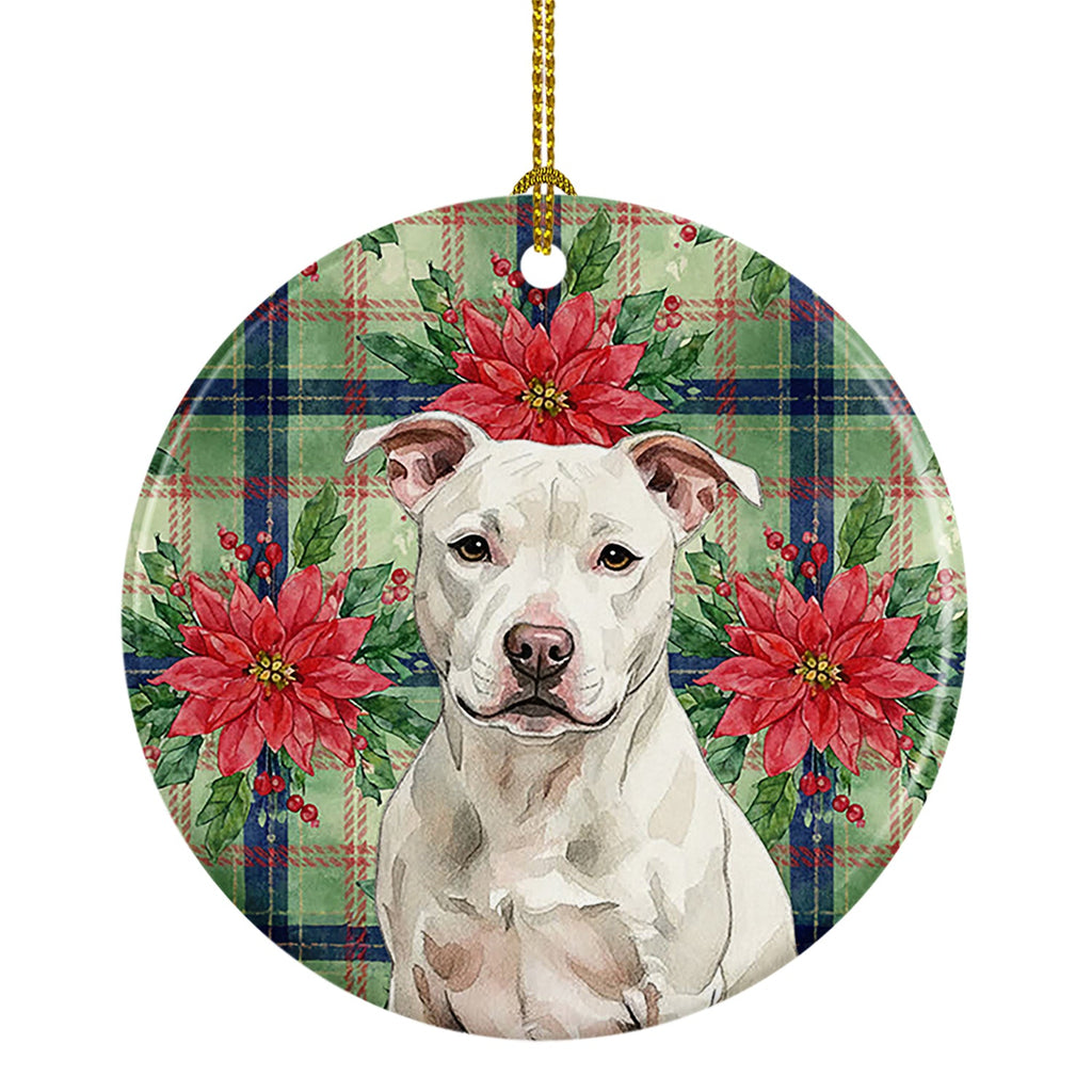 White Staffordshire Bull Terrier Christmas PoinsettIas Ceramic Ornament Christmas Tree Hanging Decorations for Home Christmas Holiday, Party, Gift, 3 in, Multicolor