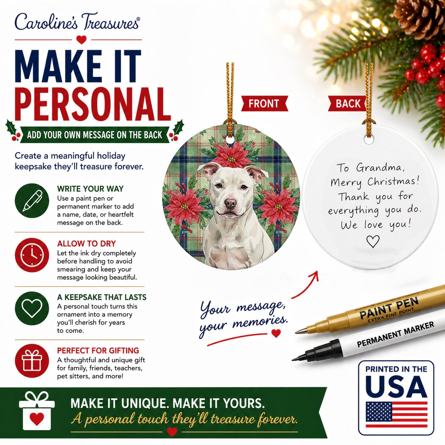 White Staffordshire Bull Terrier Christmas PoinsettIas Ceramic Ornament Christmas Tree Hanging Decorations for Home Christmas Holiday, Party, Gift, 3 in, Multicolor