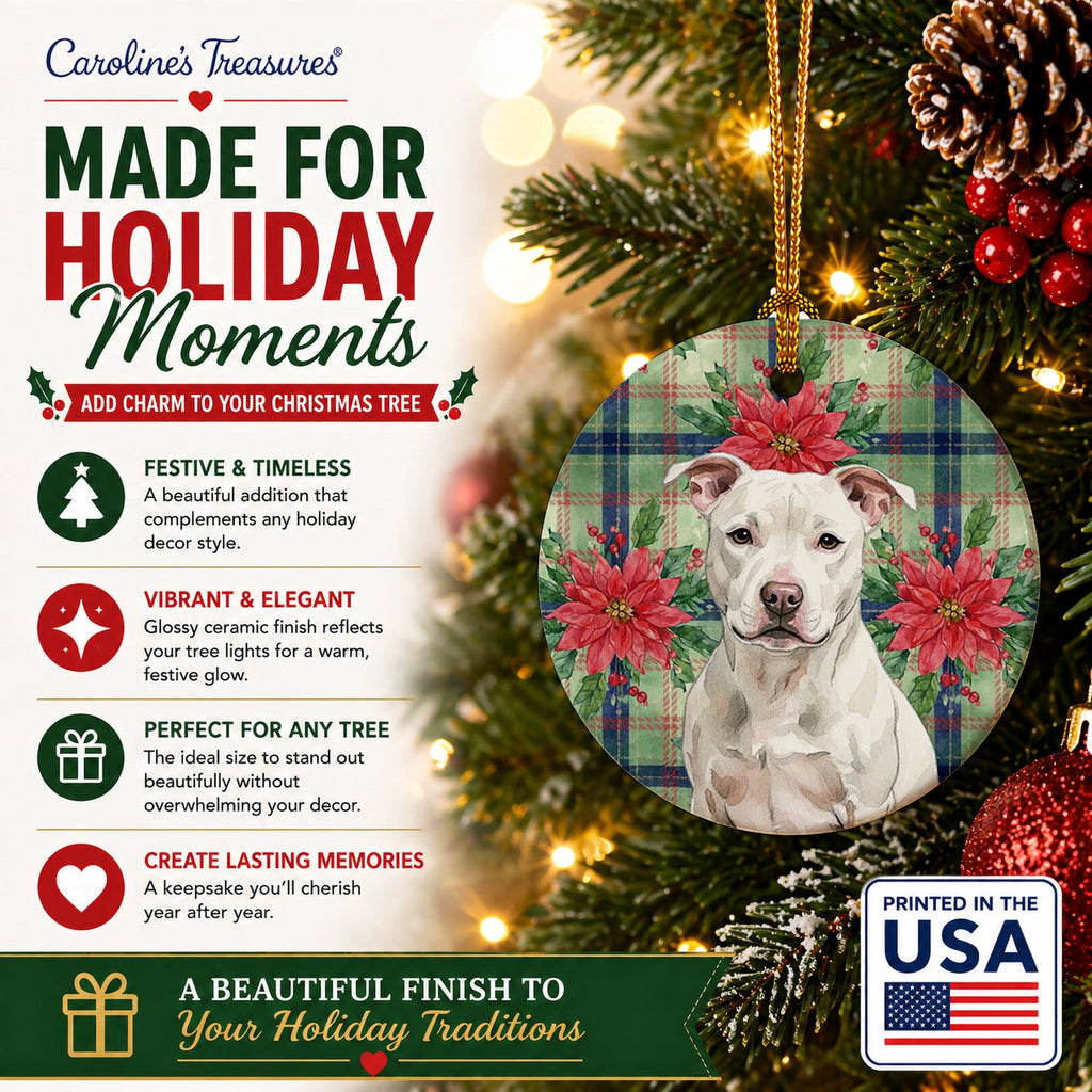 White Staffordshire Bull Terrier Christmas PoinsettIas Ceramic Ornament Christmas Tree Hanging Decorations for Home Christmas Holiday, Party, Gift, 3 in, Multicolor