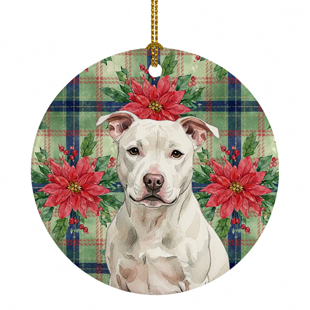 White Staffordshire Bull Terrier Christmas PoinsettIas Ceramic Ornament Christmas Tree Hanging Decorations for Home Christmas Holiday, Party, Gift, 3 in, Multicolor