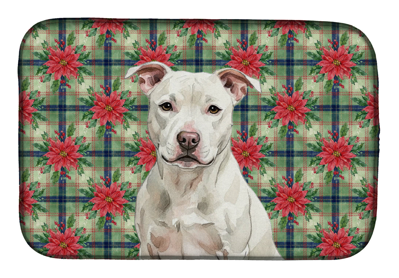 White Staffordshire Bull Terrier Christmas PoinsettIas Dish Drying Mat Absorbent Dish Drying Mat Pad for Kitchen Counter Dish Drainer Mat for Countertop, 14 x 21", Multicolor