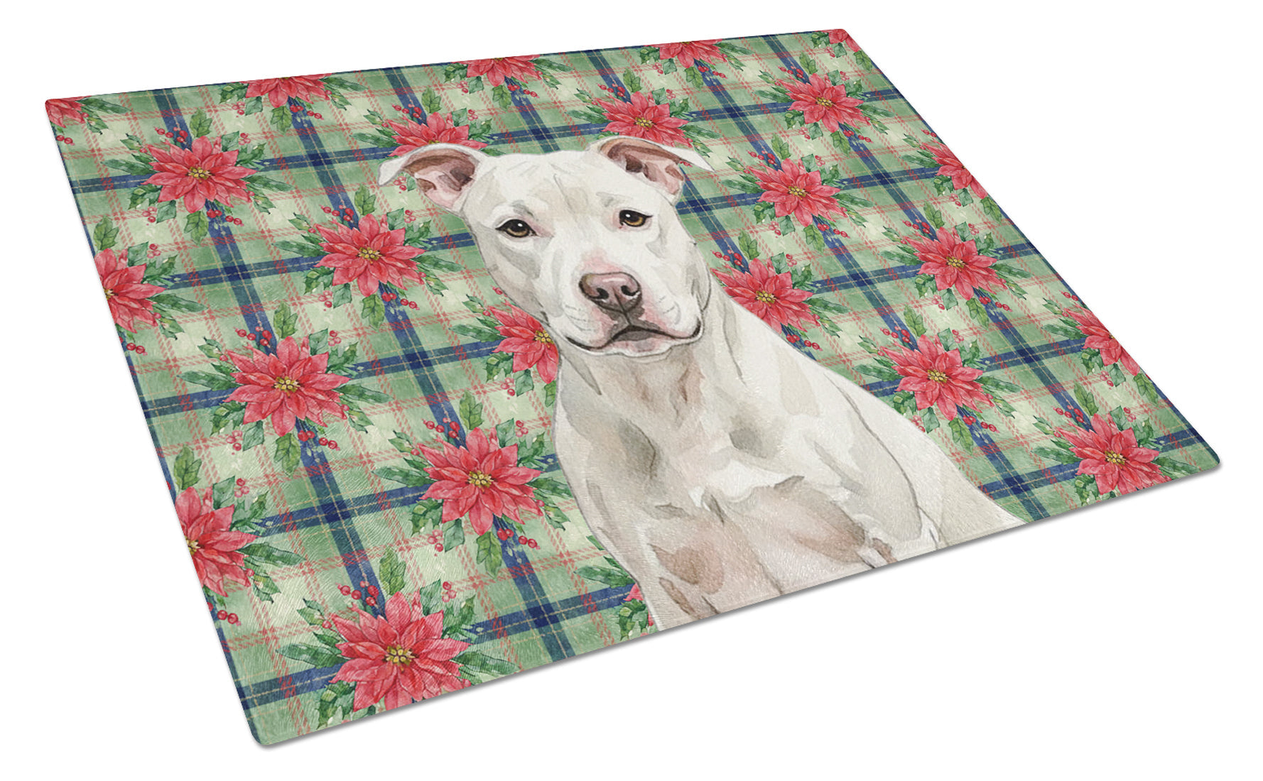 White Staffordshire Bull Terrier Christmas PoinsettIas Cutting Board Tempered Glass Kitchen Cutting Surface, Heat Resistant Chopping, Non-Slip Feet, Food Prep & Serving