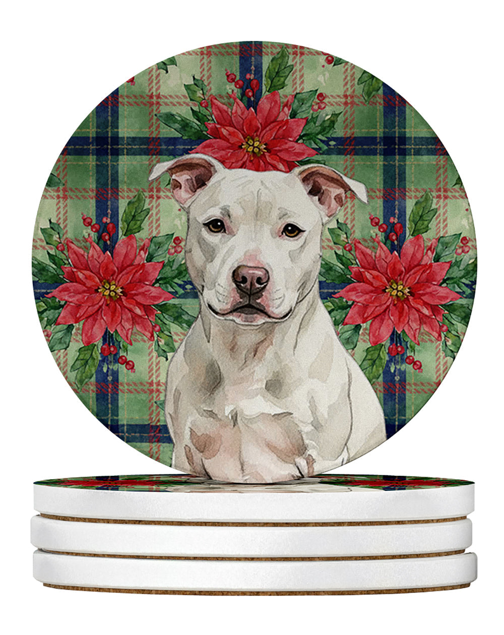 White Staffordshire Bull Terrier Christmas PoinsettIas Large Sandstone Coasters Pack of 4 Absorbent Round Coasters Decor Gifts for Men or Women, 4 in, Multicolor