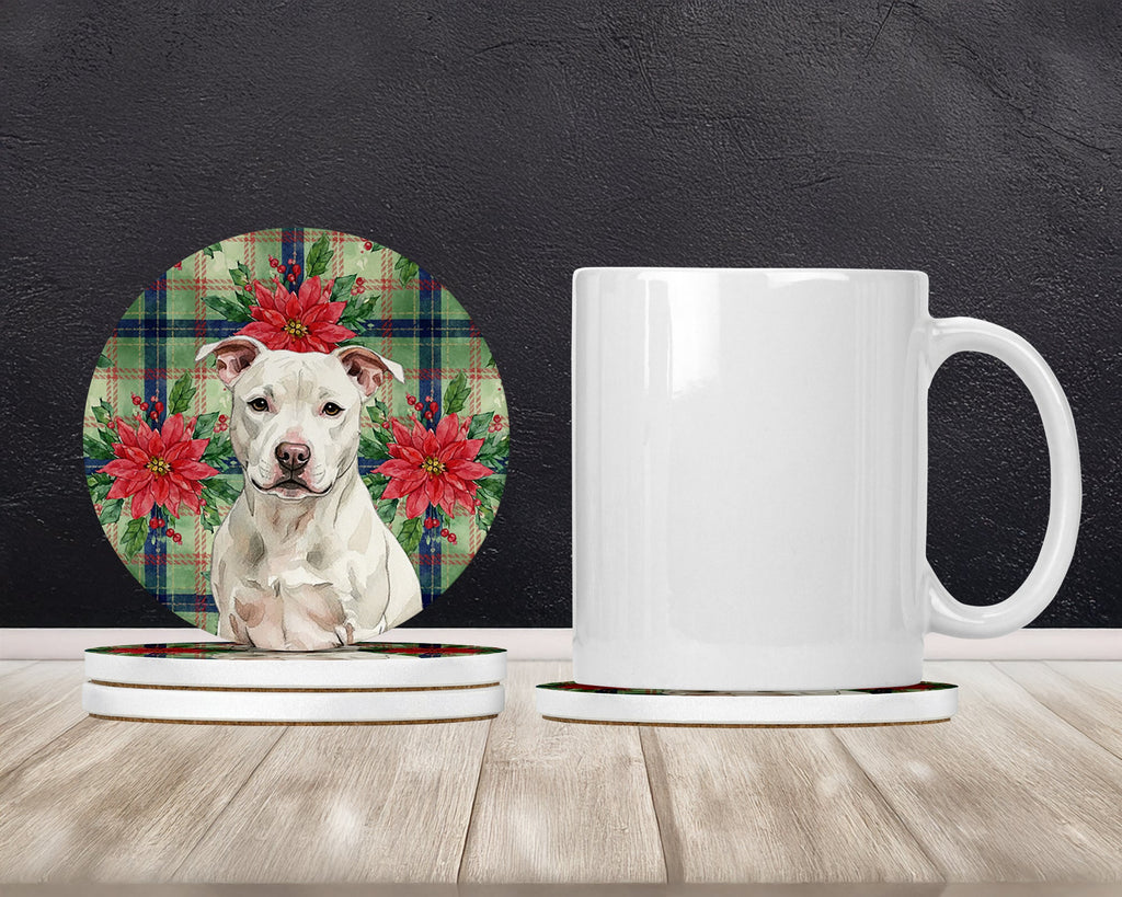 White Staffordshire Bull Terrier Christmas PoinsettIas Large Sandstone Coasters Pack of 4 Absorbent Round Coasters Decor Gifts for Men or Women, 4 in, Multicolor