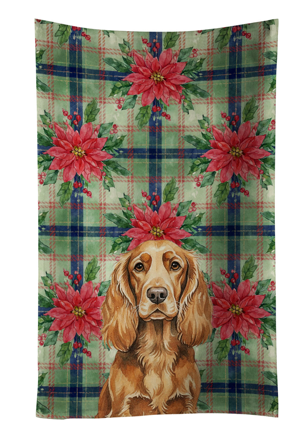 Sussex Spaniel Christmas PoinsettIas Kitchen Towel Velour Plush Front and Cotton Loop Back Machine Washable