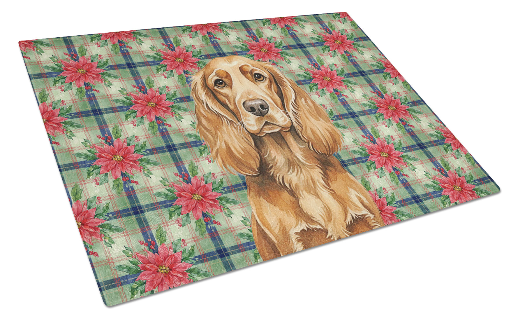 Sussex Spaniel Christmas PoinsettIas Cutting Board Tempered Glass Kitchen Cutting Surface, Heat Resistant Chopping, Non-Slip Feet, Food Prep & Serving