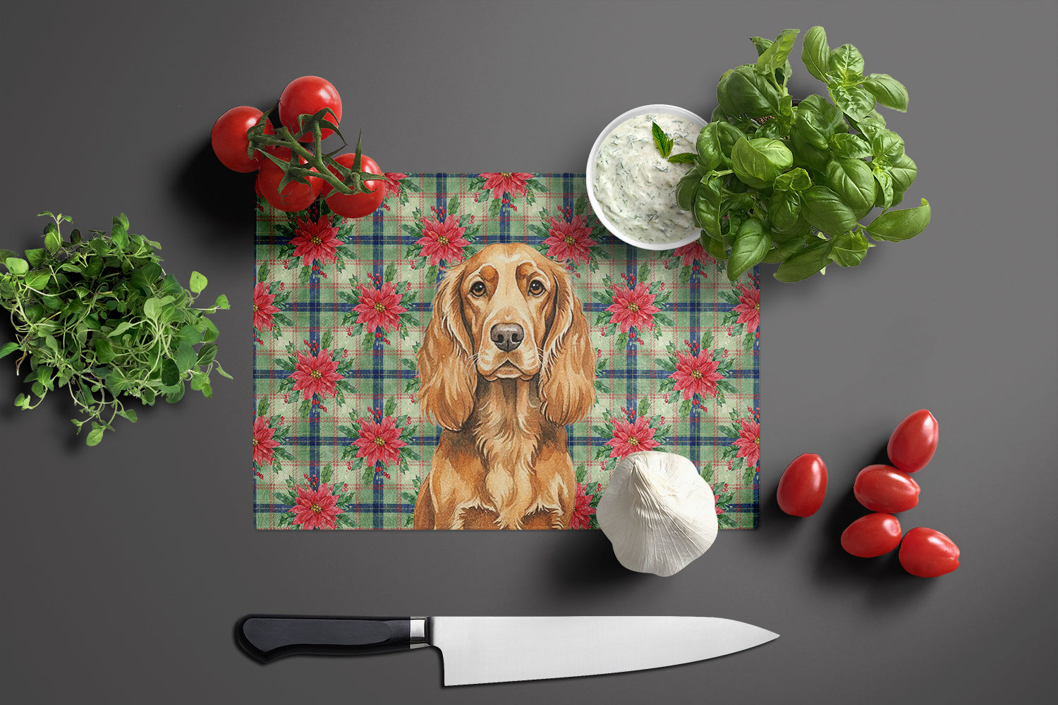 Sussex Spaniel Christmas PoinsettIas Cutting Board Tempered Glass Kitchen Cutting Surface, Heat Resistant Chopping, Non-Slip Feet, Food Prep & Serving