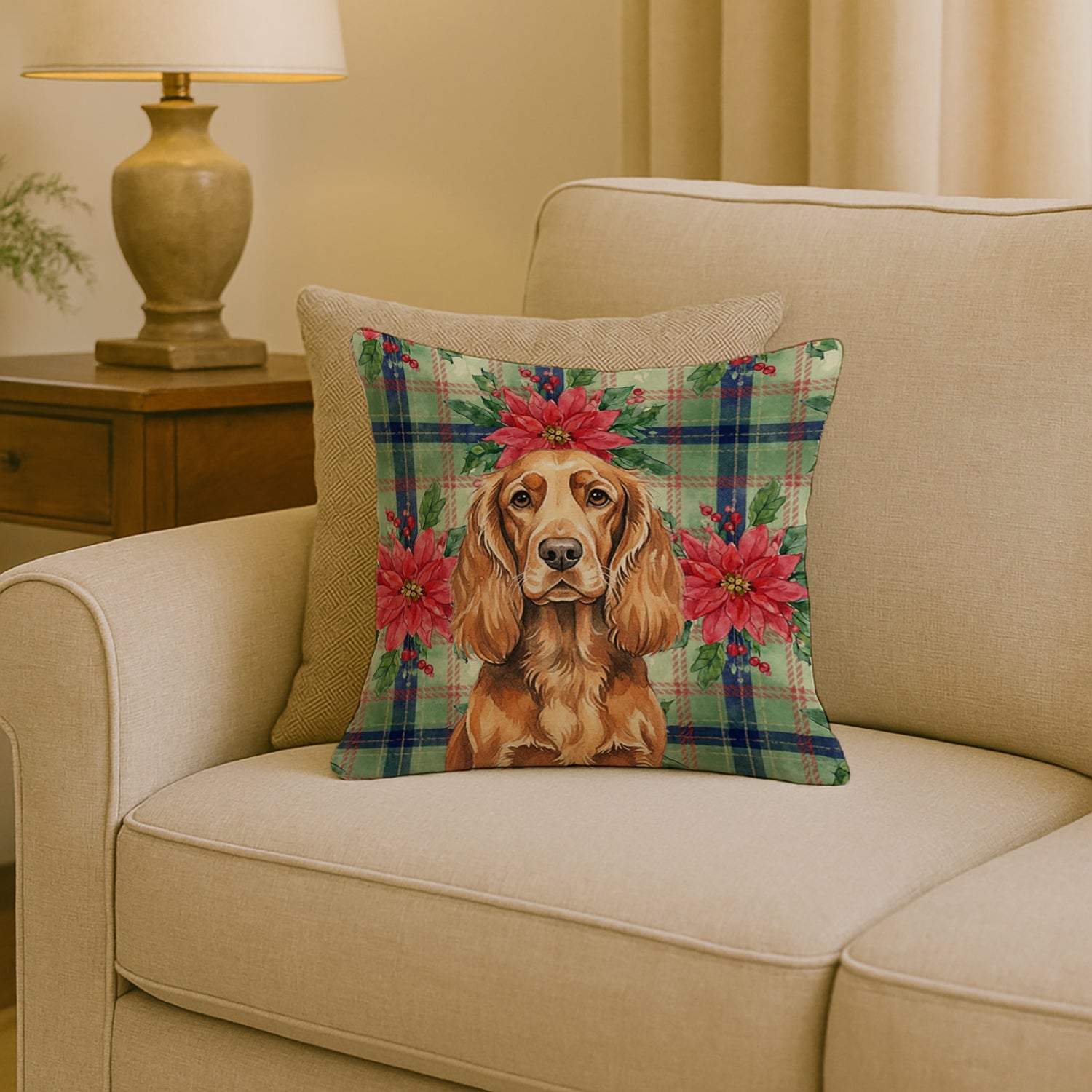 Sussex Spaniel Christmas PoinsettIas Decorative Throw Pillow 18x18 Indoor Outdoor Accent Cushion, Fabric Cover with Insert for Sofa, Bed, Porch & Living Room