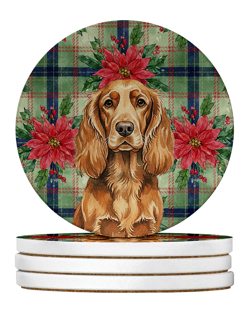 Sussex Spaniel Christmas PoinsettIas Large Sandstone Coasters Pack of 4 Absorbent Round Coasters Decor Gifts for Men or Women, 4 in, Multicolor