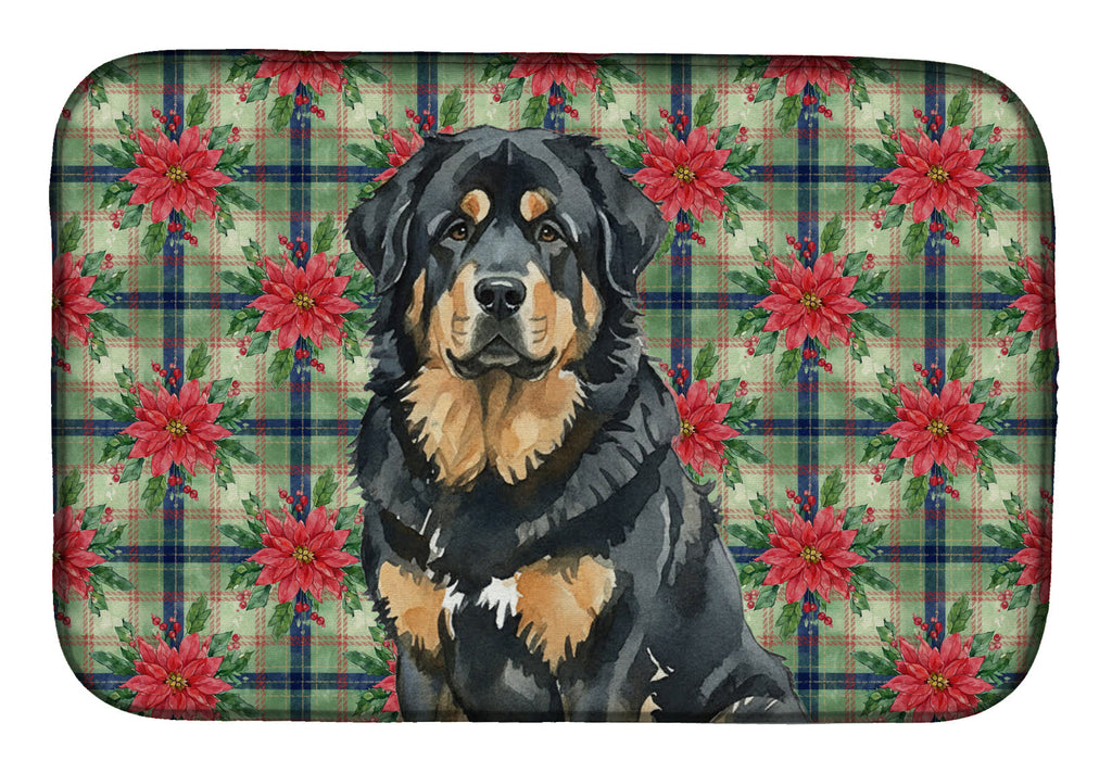 Black and Tan Tibetan Mastiff Christmas PoinsettIas Dish Drying Mat Absorbent Dish Drying Mat Pad for Kitchen Counter Dish Drainer Mat for Countertop, 14 x 21", Multicolor