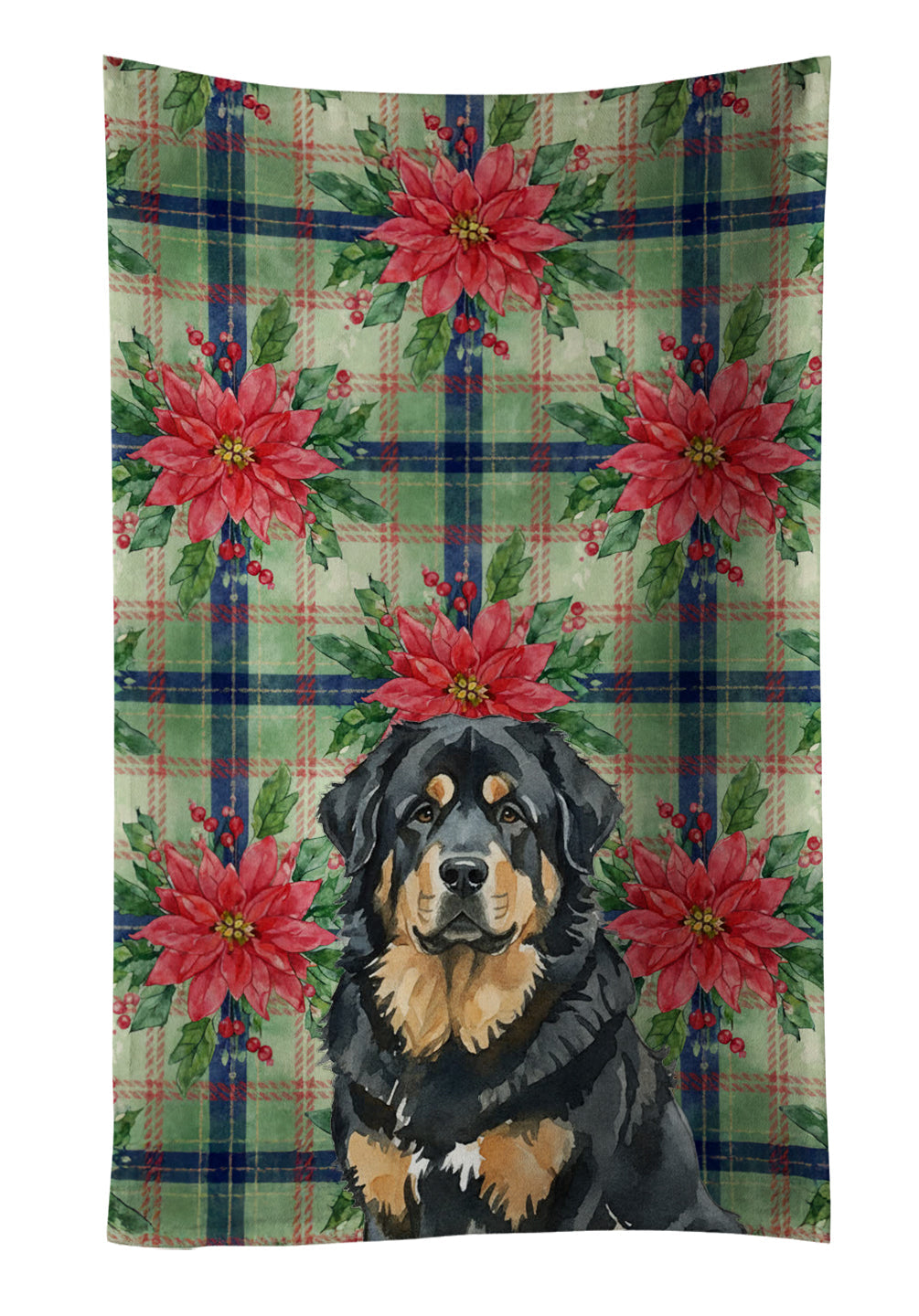 Black and Tan Tibetan Mastiff Christmas PoinsettIas Kitchen Towel Velour Plush Front and Cotton Loop Back Machine Washable