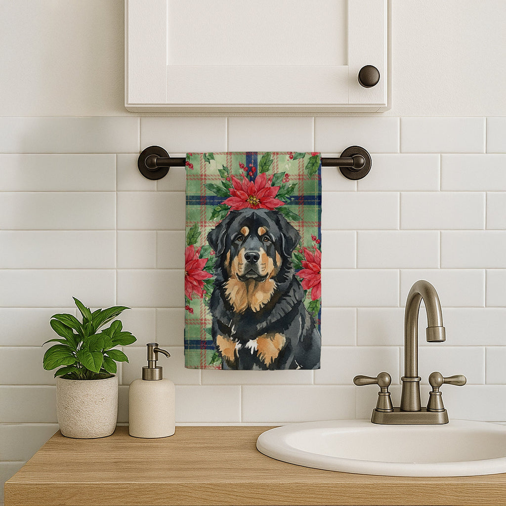 Black and Tan Tibetan Mastiff Christmas PoinsettIas Kitchen Towel Velour Plush Front and Cotton Loop Back Machine Washable