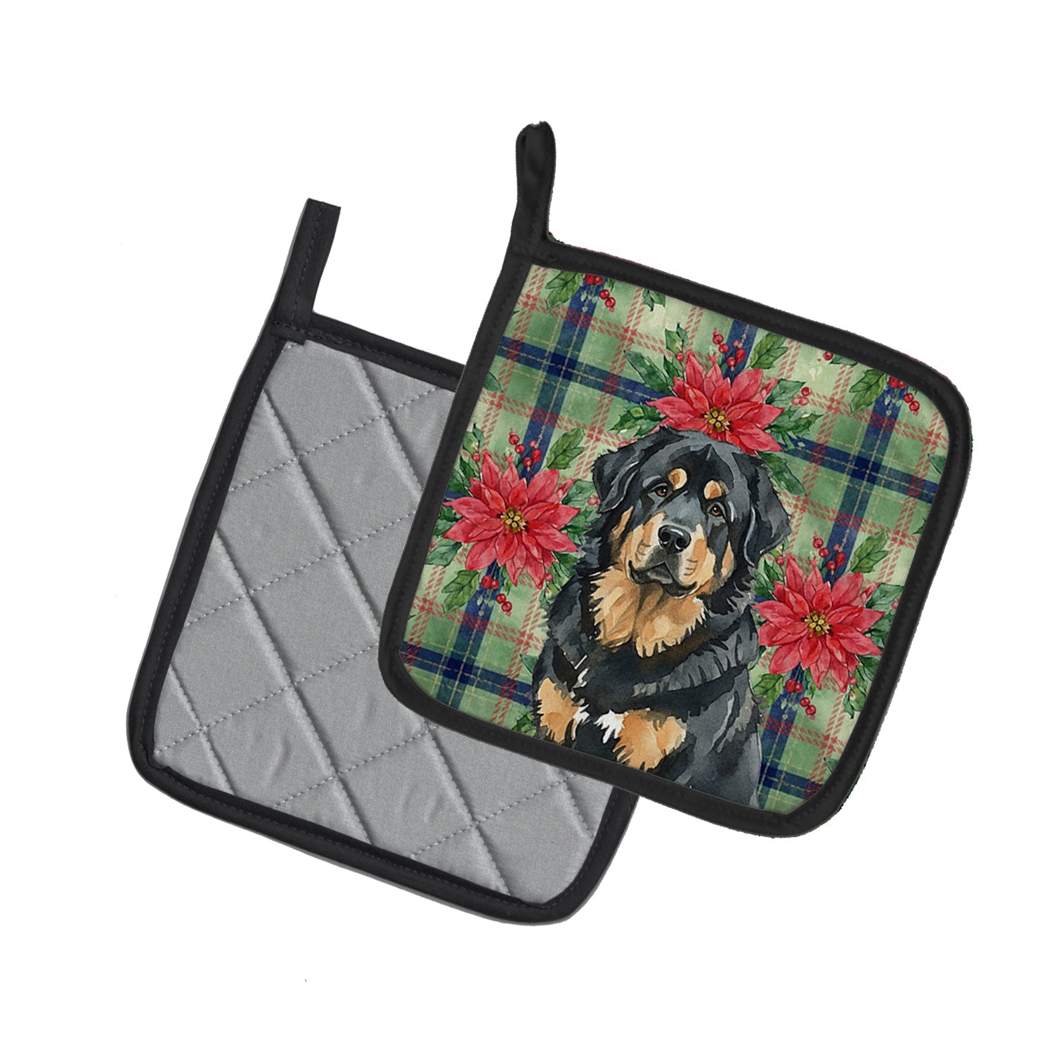 Black and Tan Tibetan Mastiff Christmas PoinsettIas Pot Holder Set of 2 Heat Resistant Quilted Hot Pads 7.5 x 7.5 Inch, Insulated Kitchen Trivets for Cooking & Baking
