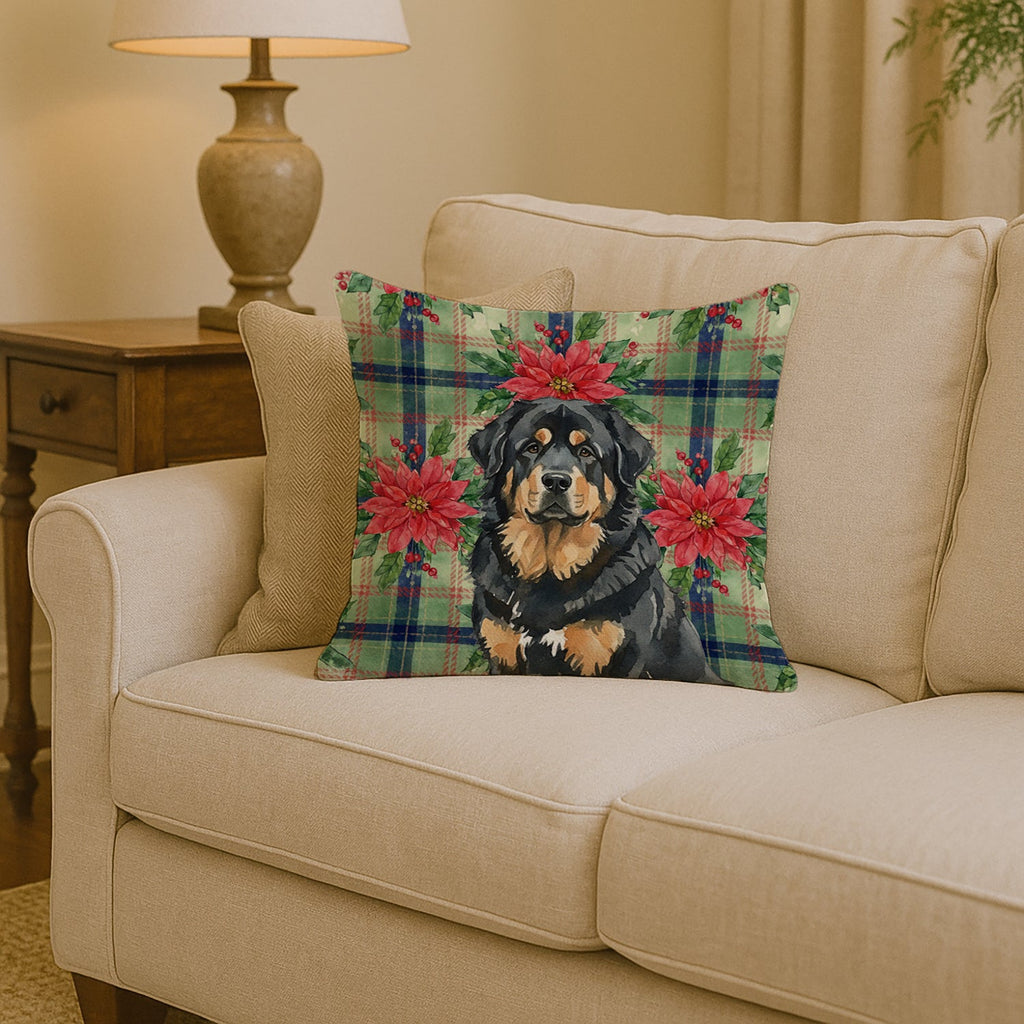 Black and Tan Tibetan Mastiff Christmas PoinsettIas Decorative Throw Pillow 14x14 Indoor Outdoor Accent Cushion, Fabric Cover with Insert for Sofa, Bed, Porch & Living Room