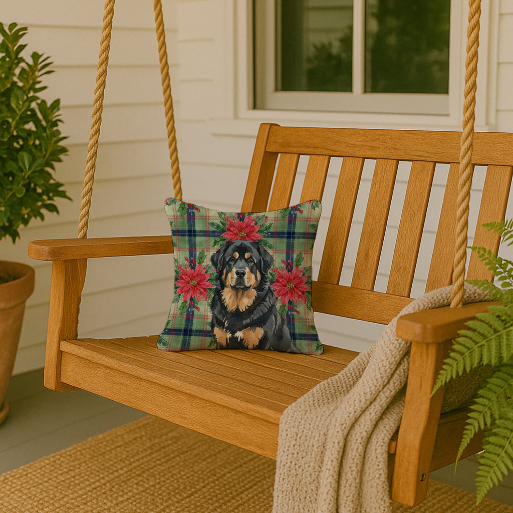 Black and Tan Tibetan Mastiff Christmas PoinsettIas Decorative Throw Pillow 14x14 Indoor Outdoor Accent Cushion, Fabric Cover with Insert for Sofa, Bed, Porch & Living Room