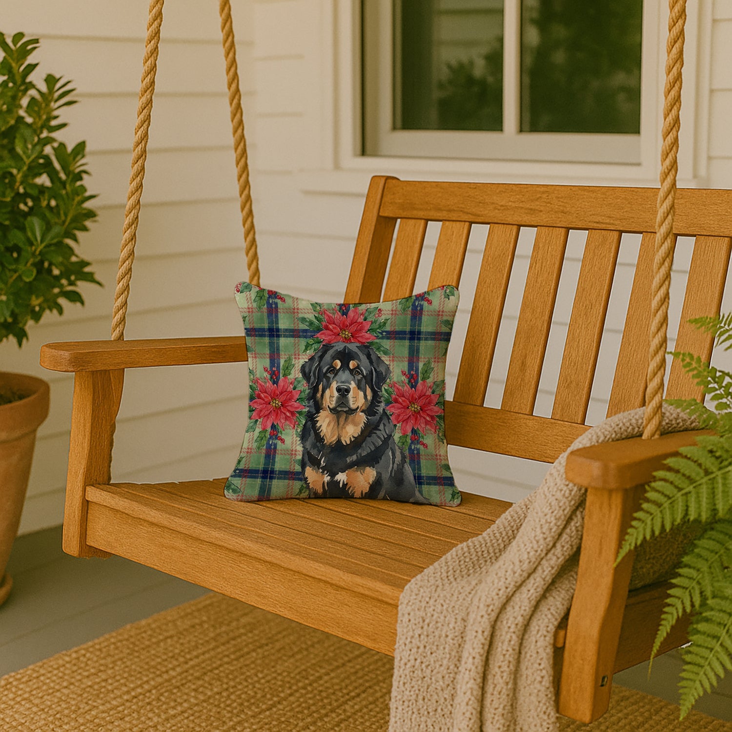 Black and Tan Tibetan Mastiff Christmas PoinsettIas Decorative Throw Pillow 14x14 Indoor Outdoor Accent Cushion, Fabric Cover with Insert for Sofa, Bed, Porch & Living Room