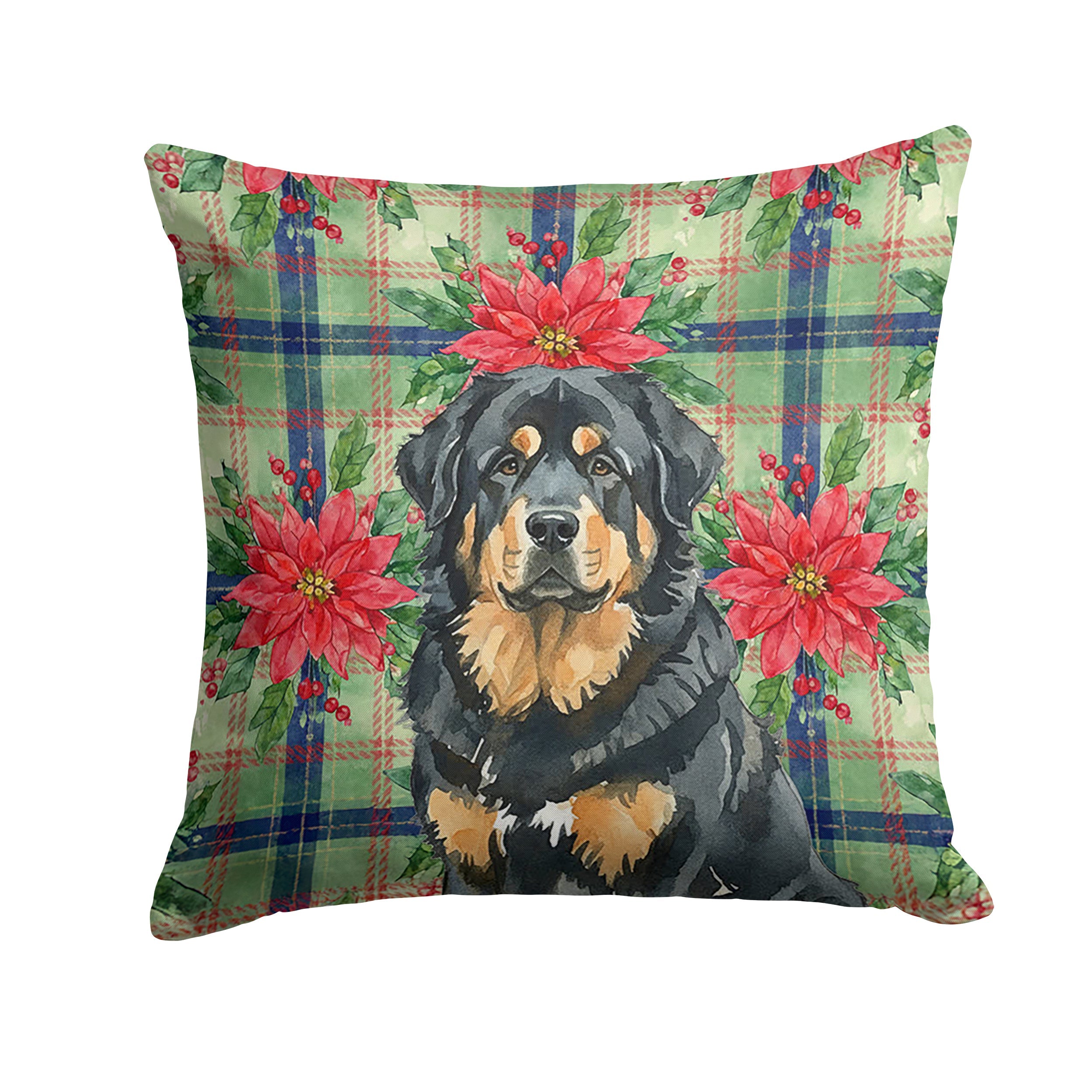Black and Tan Tibetan Mastiff Christmas PoinsettIas Decorative Throw Pillow 18x18 Indoor Outdoor Accent Cushion, Fabric Cover with Insert for Sofa, Bed, Porch & Living Room