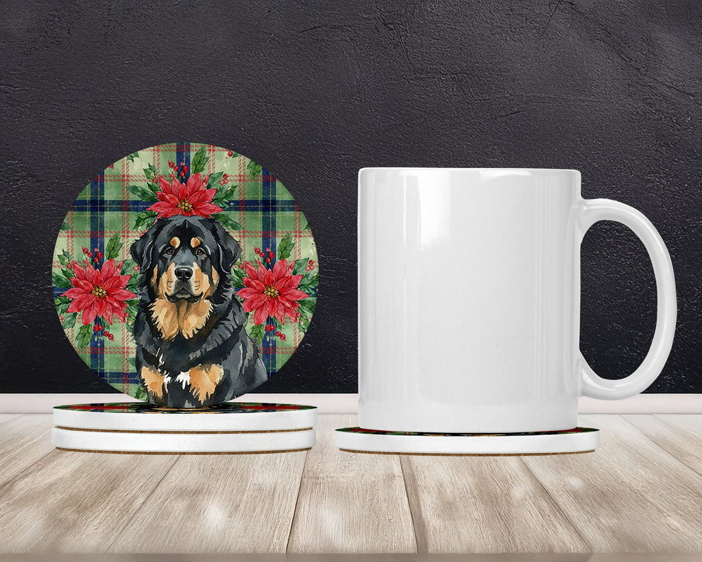 Black and Tan Tibetan Mastiff Christmas PoinsettIas Large Sandstone Coasters Pack of 4 Absorbent Round Coasters Decor Gifts for Men or Women, 4 in, Multicolor
