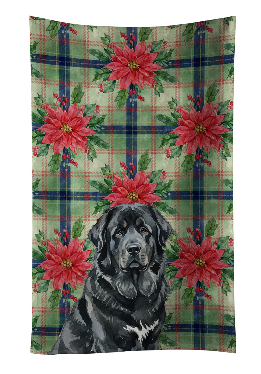 Black Tibetan Mastiff Christmas PoinsettIas Kitchen Towel Velour Plush Front and Cotton Loop Back Machine Washable