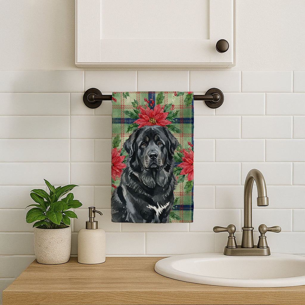 Black Tibetan Mastiff Christmas PoinsettIas Kitchen Towel Velour Plush Front and Cotton Loop Back Machine Washable
