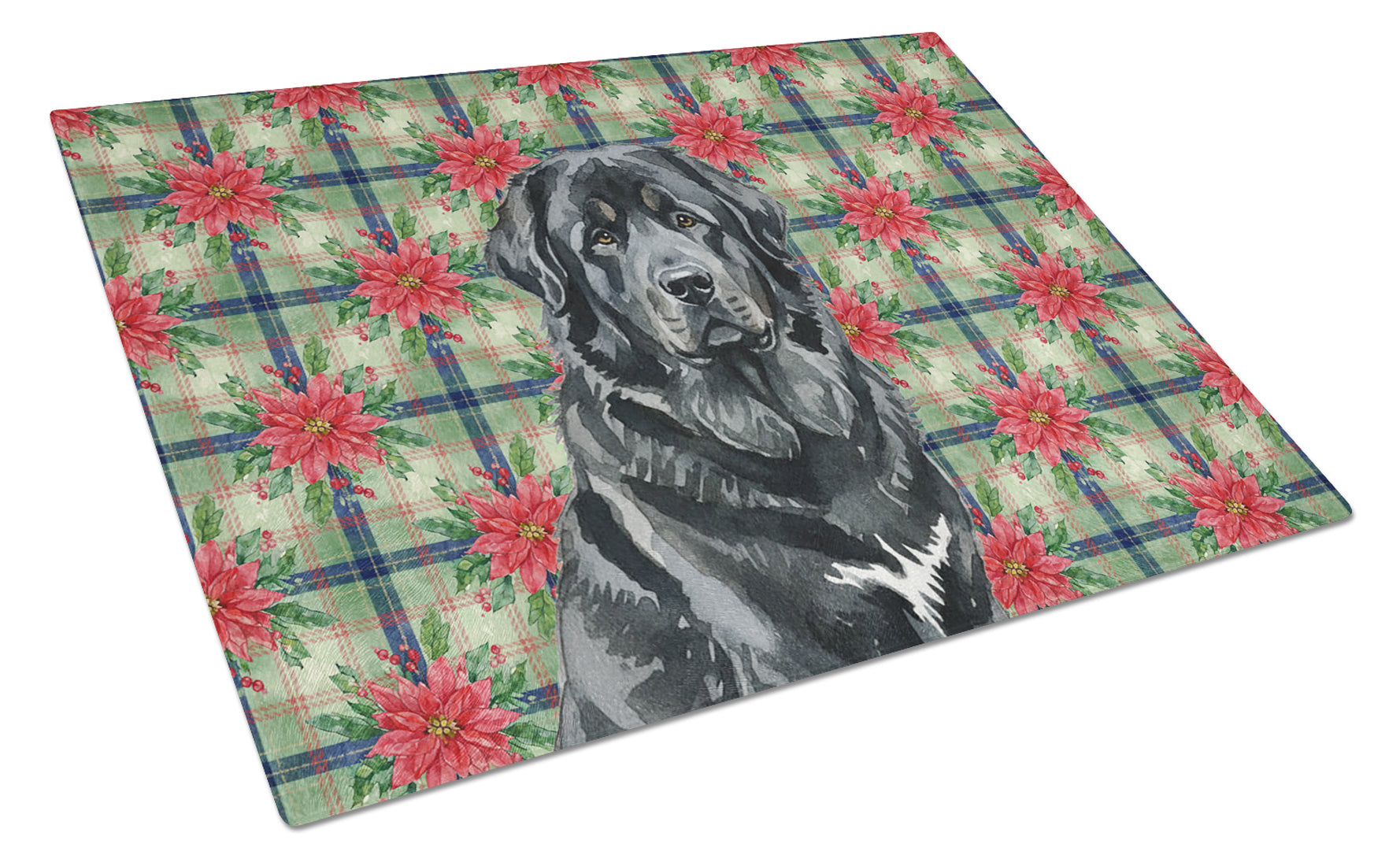Black Tibetan Mastiff Christmas PoinsettIas Cutting Board Tempered Glass Kitchen Cutting Surface, Heat Resistant Chopping, Non-Slip Feet, Food Prep & Serving