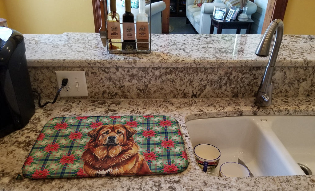 Red Gold Tibetan Mastiff Christmas PoinsettIas Dish Drying Mat Absorbent Dish Drying Mat Pad for Kitchen Counter Dish Drainer Mat for Countertop, 14 x 21", Multicolor
