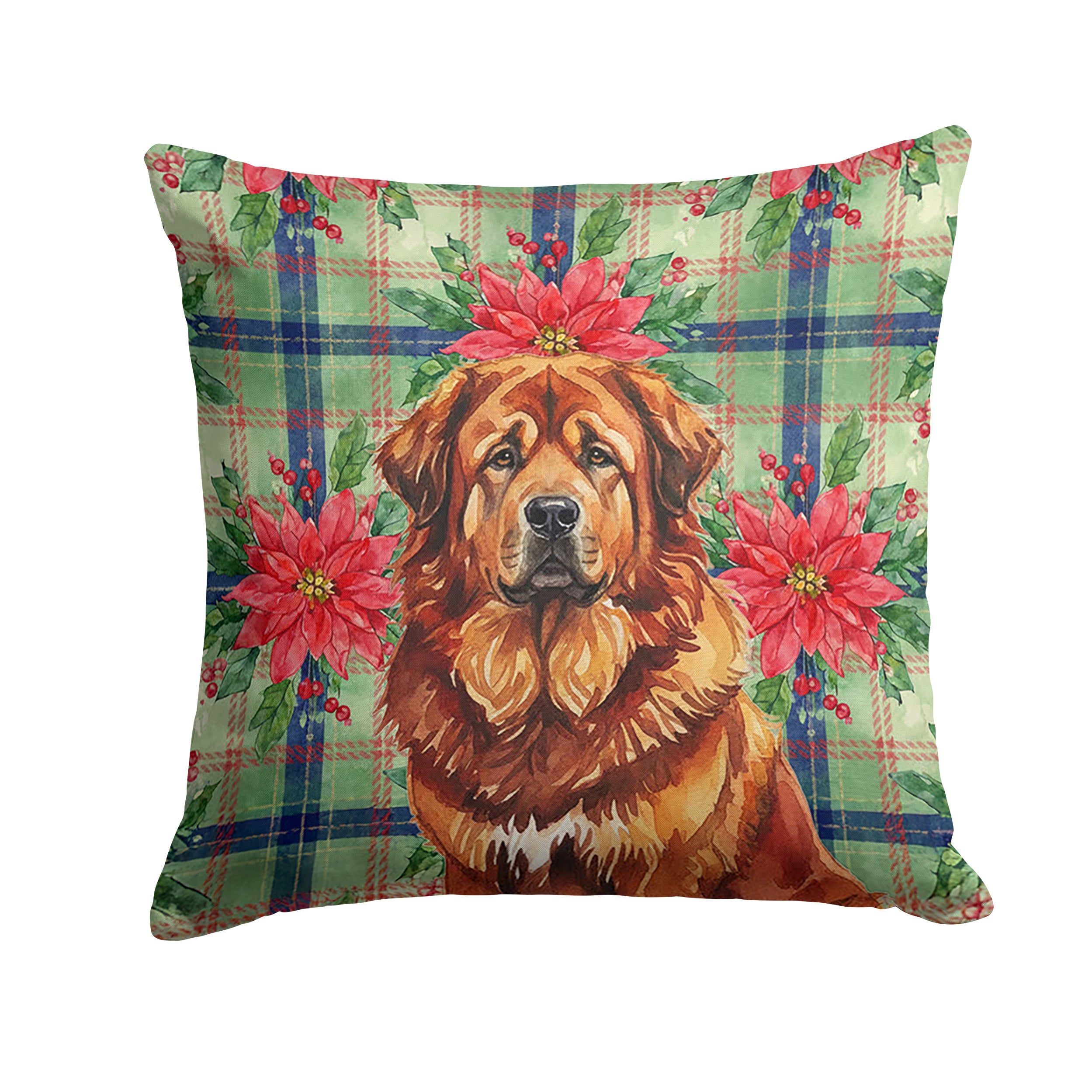 Red Gold Tibetan Mastiff Christmas PoinsettIas Decorative Throw Pillow 14x14 Indoor Outdoor Accent Cushion, Fabric Cover with Insert for Sofa, Bed, Porch & Living Room