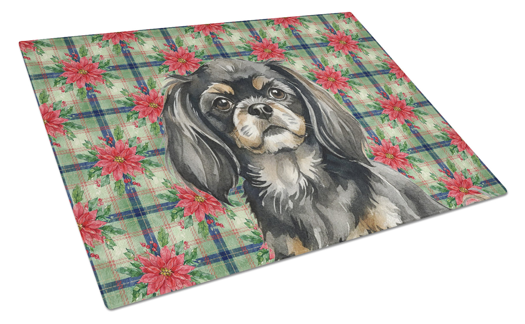 Black and Tan Tibetan Spaniel Christmas PoinsettIas Cutting Board Tempered Glass Kitchen Cutting Surface, Heat Resistant Chopping, Non-Slip Feet, Food Prep & Serving