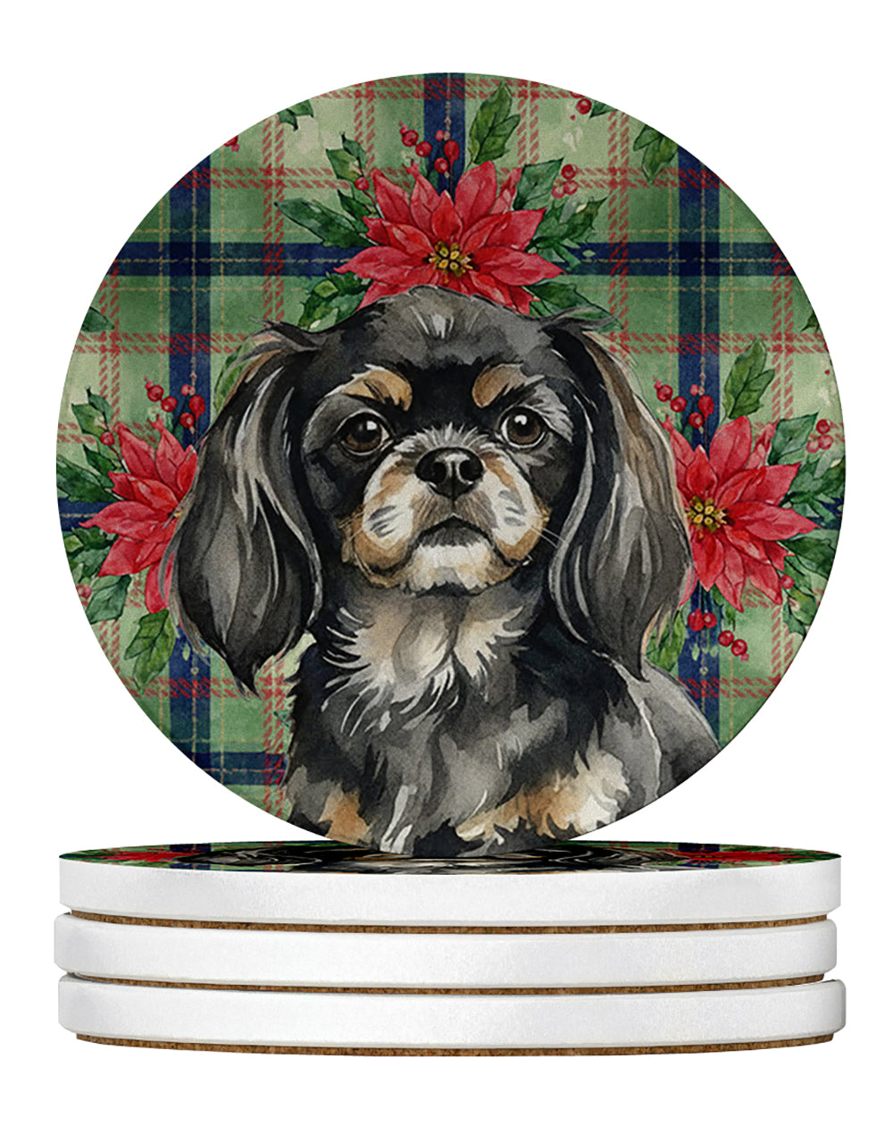 Black and Tan Tibetan Spaniel Christmas PoinsettIas Large Sandstone Coasters Pack of 4 Absorbent Round Coasters Decor Gifts for Men or Women, 4 in, Multicolor
