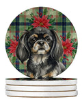 Black and Tan Tibetan Spaniel Christmas PoinsettIas Large Sandstone Coasters Pack of 4 Absorbent Round Coasters Decor Gifts for Men or Women, 4 in, Multicolor