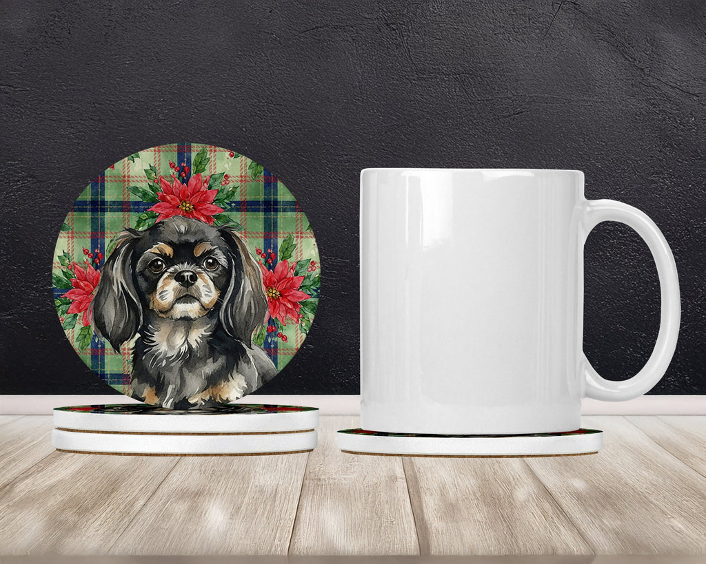 Black and Tan Tibetan Spaniel Christmas PoinsettIas Large Sandstone Coasters Pack of 4 Absorbent Round Coasters Decor Gifts for Men or Women, 4 in, Multicolor