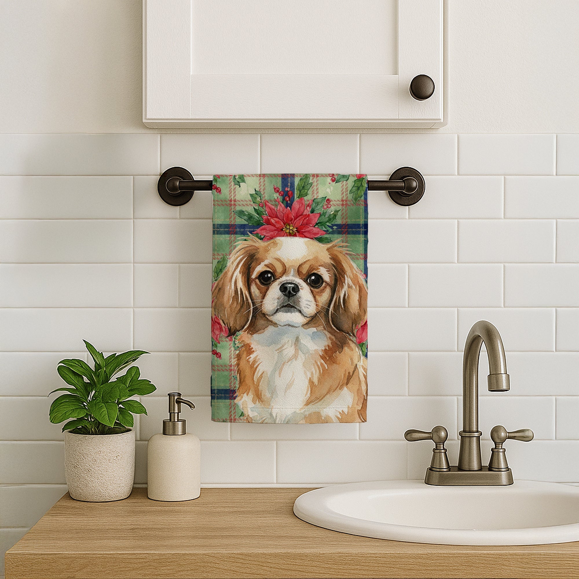 Tibetan Spaniel Christmas PoinsettIas Kitchen Towel Velour Plush Front and Cotton Loop Back Machine Washable