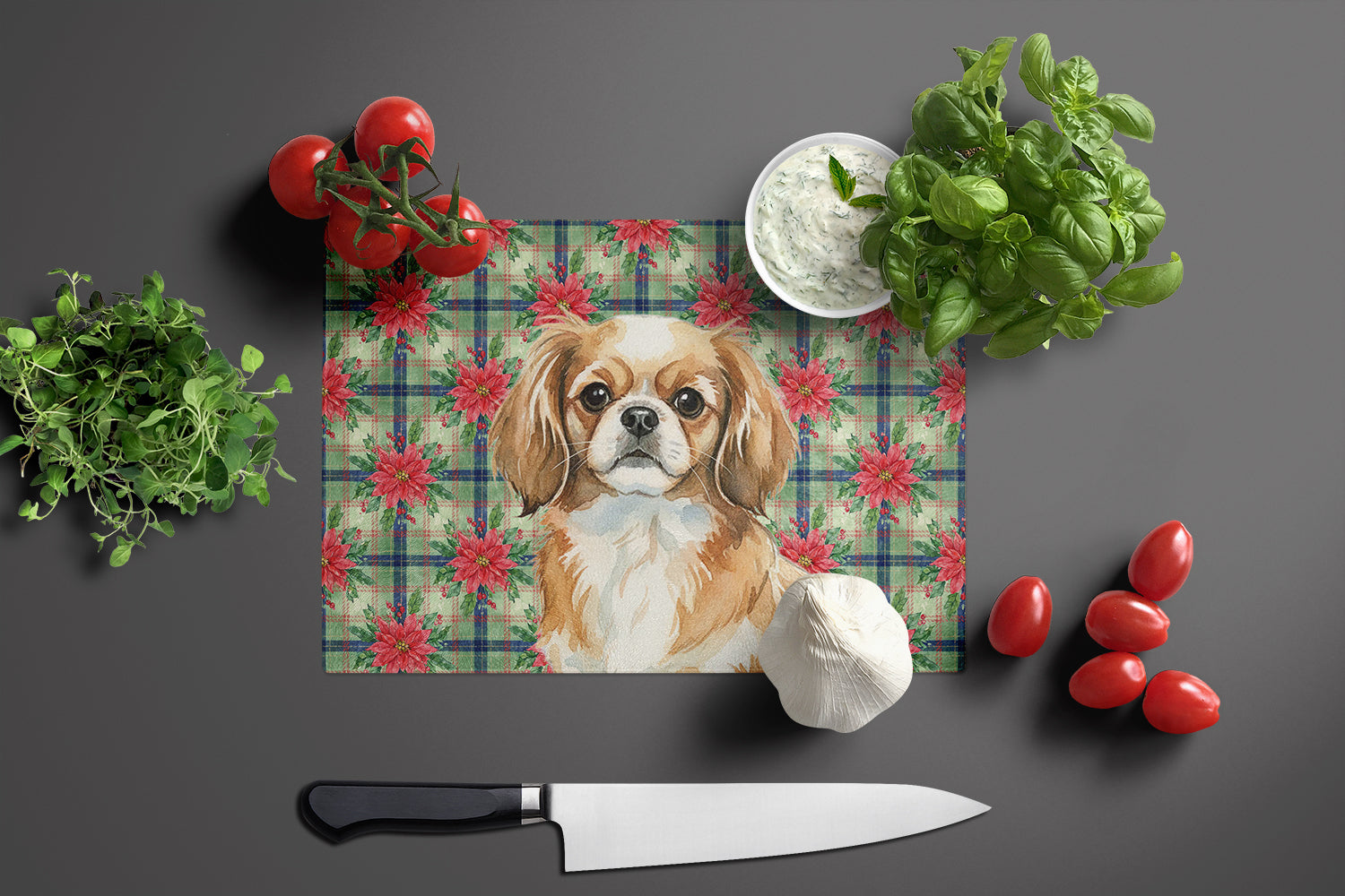 Tibetan Spaniel Christmas PoinsettIas Cutting Board Tempered Glass Kitchen Cutting Surface, Heat Resistant Chopping, Non-Slip Feet, Food Prep & Serving