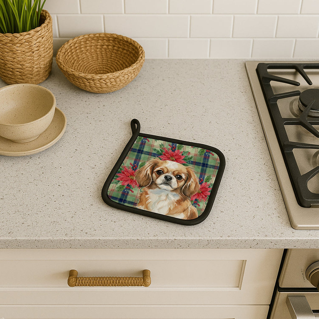 Tibetan Spaniel Christmas PoinsettIas Pot Holder Set of 2 Heat Resistant Quilted Hot Pads 7.5 x 7.5 Inch, Insulated Kitchen Trivets for Cooking & Baking