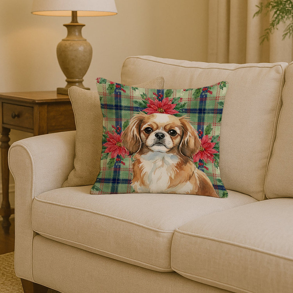 Tibetan Spaniel Christmas PoinsettIas Decorative Throw Pillow 14x14 Indoor Outdoor Accent Cushion, Fabric Cover with Insert for Sofa, Bed, Porch & Living Room