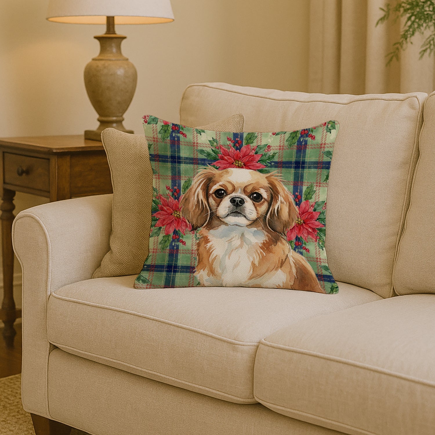 Tibetan Spaniel Christmas PoinsettIas Decorative Throw Pillow 14x14 Indoor Outdoor Accent Cushion, Fabric Cover with Insert for Sofa, Bed, Porch & Living Room