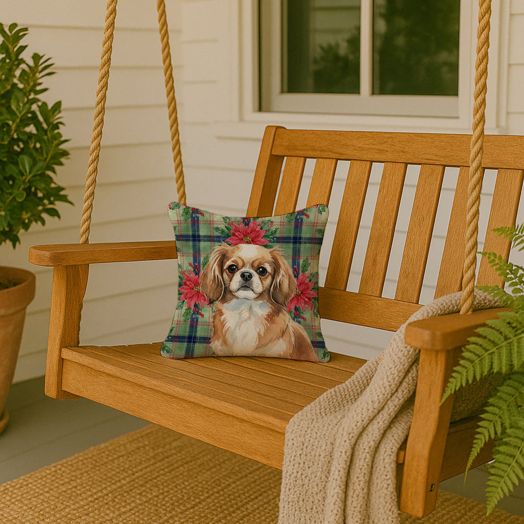 Tibetan Spaniel Christmas PoinsettIas Decorative Throw Pillow 14x14 Indoor Outdoor Accent Cushion, Fabric Cover with Insert for Sofa, Bed, Porch & Living Room